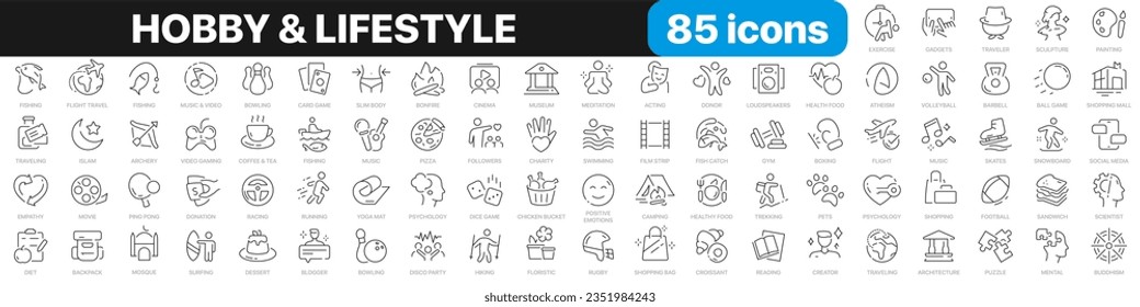 Kollektion von Symbolen für Hobby- und Lifestyle-Linien. Religion, Sport, Spiel, Fitness, Musik, Kinosymbole. UI-Icon-Set. Paket mit den Symbolen der dünnen Umrisse. Vektorgrafik EPS10