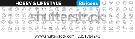 Hobby and lifestyle line icons collection. Religion, sport, game, fitness, music, cinema icons. UI icon set. Thin outline icons pack. Vector illustration EPS10