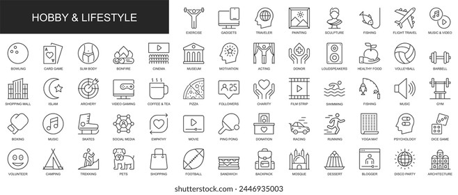 Hobby and lifestyle web icons set in thin line design. Pack of exercise, gadget, traveler, sculpture, museum, gym, social media, psychology, game, other outline stroke pictograms. Vector illustration.