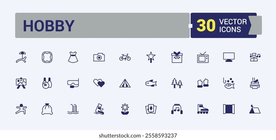 Hobby line icon collections. Contains such icons as journey, navigation, logotype, cycling, camera, juice. Outline icons pack. Vector illustration in modern line style.