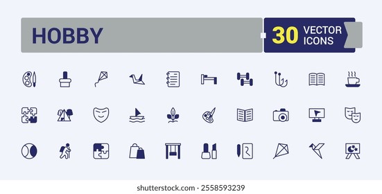 Hobby line icon collections. Contains such icons as journey, navigation, logotype, cycling, camera, juice. Outline icons pack. Vector illustration in modern line style.
