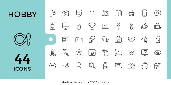 Hobby line icon collections. Featuring museum, underwater, training, journey, vacation, airport and more. Simple icon designs. Vector illustration.