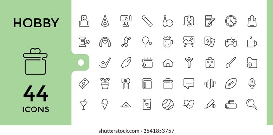 Hobby line icon collections. Featuring museum, underwater, training, journey, vacation, airport and more. Simple icon designs. Vector illustration.