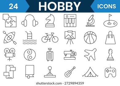 Iconos de línea de pasatiempo. Conjunto de 24 iconos relacionados con el esquema de pasatiempos, deportes, música, baile, yoga, viajes, jardinería, ciclismo y más. Ilustración vectorial.