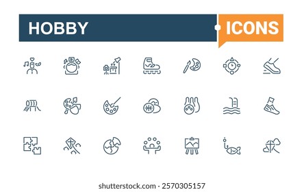 Hobby linear icon collection. Includes thin line guitar, fish, cycling, cooking, movie, men, travel, gardening. Outline symbol collection. Editable stroke. Vector illustration.