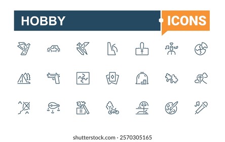 Hobby linear icon collection. Includes thin line guitar, fish, cycling, cooking, movie, men, travel, gardening. Outline symbol collection. Editable stroke. Vector illustration.