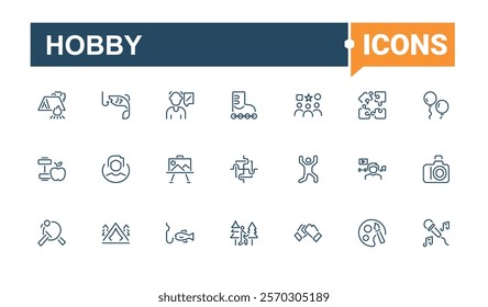 Hobby linear icon collection. Includes thin line guitar, fish, cycling, cooking, movie, men, travel, gardening. Outline symbol collection. Editable stroke. Vector illustration.