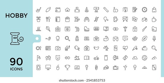 Hobby linear icon collection. Related to taxi, lifebuoy, holiday, ocean, sea, celebration, flip flops, mountaineering. Minimalist thin linear icon. Editable stroke. Vector illustration.