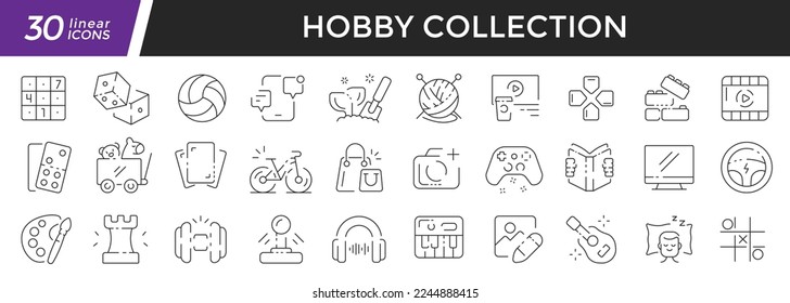Hobby linear icons set. Collection of 30 icons in black