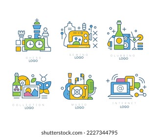 Hobby Logo Design Set. Schach, Nähen, Clubbing, Sammlung, Musik, Internet-Etiketten und Abzeichen, Vektorgrafik