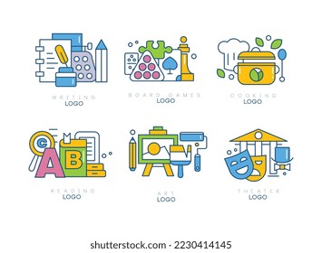 Hobby logo design set. Writing, board, game, reading, art, theater labels, badges, stickers vector illustration