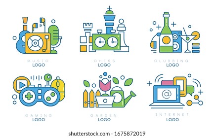 Hobby Logo Templates Collection, Music, Chess, Clubbing, Gaming, Garden, Internet Creative Labels Vector Illustration