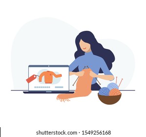 Hobby make money concept. Vector illustration flat design style. Young woman knitting handmade sweater for sell on website.