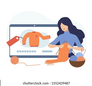 Hobby make money concept. Vector illustration flat design style. Young woman knitting handmade sweater for sell on website.