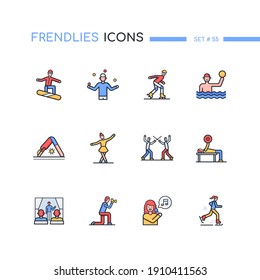 Hobby - modern line design style icons set. Leisure activities and sports idea. Snowboarding, ice and roller skating, dancing, yoga, acting, juggling, singing, fencing, gym, photography, water sports