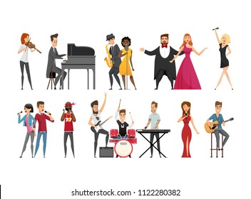 Hobby of musicians people set. Man and woman singing opera style, jazz and rock players. Concerts of classic music by artists vector illustration