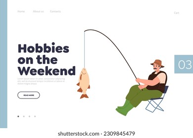 Hobby on weekend landing page design template with adult man character fishing on river bank