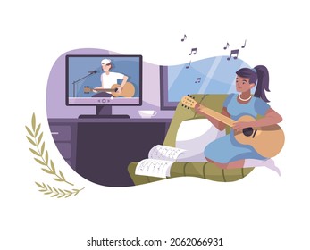 Hobby online flat composition with female character playing guitar to computer video guide vector illustration