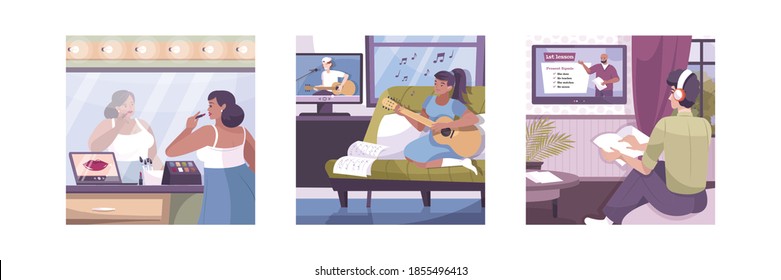 Hobby online set of square compositions with flat home views and human characters learning subjects remotely vector illustration 