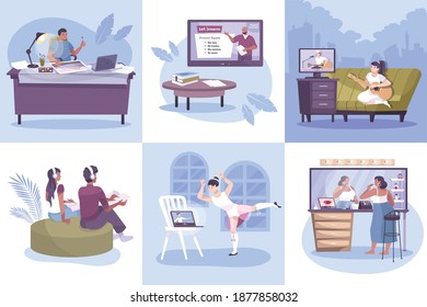 Hobby online set of square compositions with flat human characters practicing at home with remote tutors vector illustration