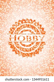 Hobby orange tile background illustration. Square geometric mosaic seamless pattern with emblem inside.