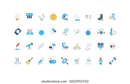 Passatempo, atividade ao ar livre e interior, exercícios e jogos ativos, recreação conjunto de ícones de cor. Lazer divertido de fim de semana em casa, guitarra e música, livro e pintura, artesanato hobby flat vetor ilustração
