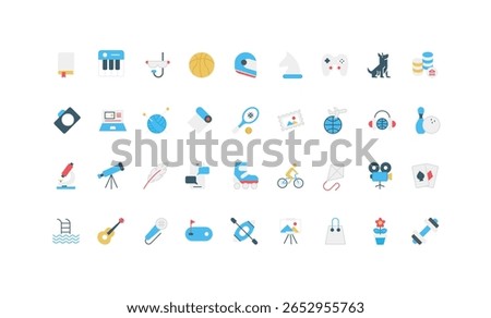 Hobby, outdoor and indoor activity, exercises and active games, recreation color icon set. Weekend fun leisure at home, guitar and song, book and painting, craft hobby flat vector illustration