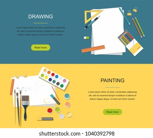 Hobby. Painting, Drawing web banner. Paints, brushes, pencils. Back to school	
