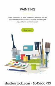 Hobby. Painting web banner. Paints, brushes. Back to school