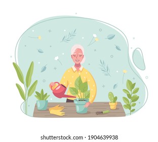 Hobby pastime activities cartoon composition with woman watering repotting taking care of plants flat background vector illustration