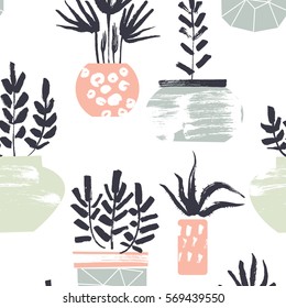 Hobby pattern. Plants in pots. Dry brush textures.