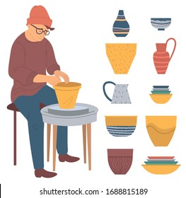 Hobby of person using spinning table with clay vector, interest of character different containers and jars. Handmade products, pottery pastime leisure