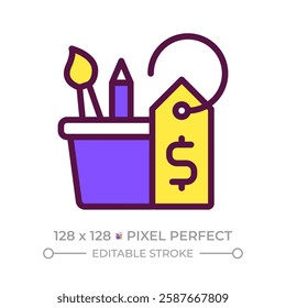 Hobby pixel perfect RGB color icon. Skill development. School supplies, office. Price tag. Creativity, instruments. Isolated vector illustration. Simple filled line drawing. Editable stroke