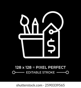 Hobby pixel perfect white linear icon for dark theme. Skill development. School supplies, office. Creativity, instruments. Thin line illustration. Isolated symbol for night mode. Editable stroke