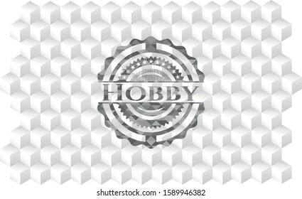 Hobby realistic grey emblem with cube white background