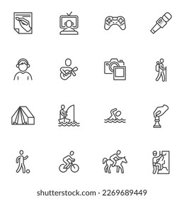 Hobby and recreation line icons set, outline vector symbol collection, linear style pictogram pack. Signs, logo illustration. Set includes icons as hiking, camping, sport, gaming, fishing, playing