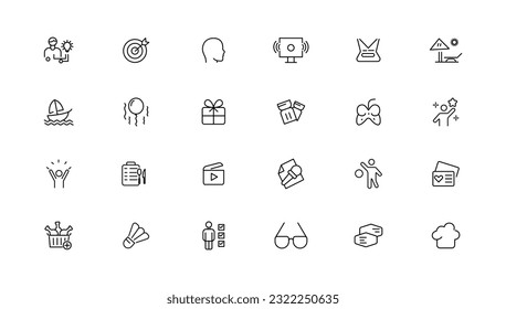 Hobby and recreation linear icons collection.Set of thin line web icon set, simple outline icons collection, Pixel Perfect icons, Simple vector illustration
