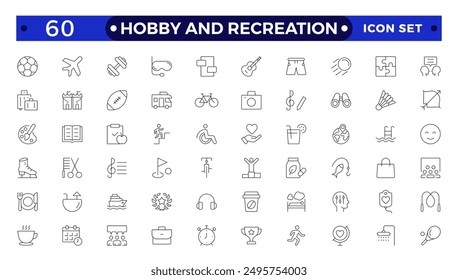 Hobby and recreation linear icons collection. Hobbies for children and adults at home and outdoors. Sports, diving, dancing, reading, drawing, music and singing,  chess, astronomy, photo and video.
