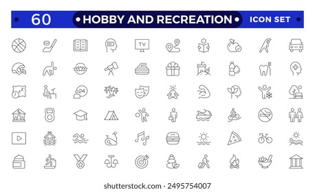 Hobby and recreation linear icons collection. Hobbies for children and adults at home and outdoors. Sports, diving, dancing, reading, drawing, music and singing,  chess, astronomy, photo and video.
