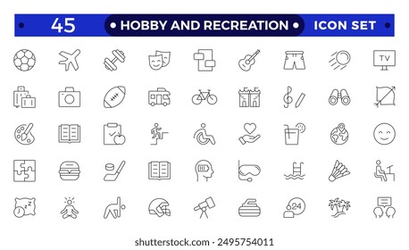 Hobby and recreation linear icons collection. Hobbies for children and adults at home and outdoors. Sports, diving, dancing, reading, drawing, music and singing,  chess, astronomy, photo and video.
