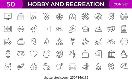 Hobby and recreation linear icons collection. Hobbies for children and adults at home and outdoors. Sports, diving, dancing, reading, drawing, music and singing, chess, astronomy, photo and video.