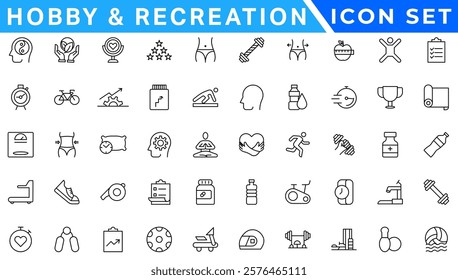 Hobby and recreation linear icons collection. Hobbies for children and adults at home and outdoors. Sports, diving, dancing, reading, drawing, music and singing,