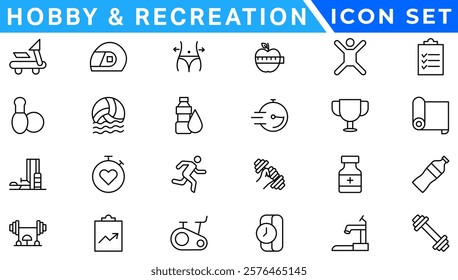 Hobby and recreation linear icons collection. Hobbies for children and adults at home and outdoors. Sports, diving, dancing, reading, drawing, music and singing,