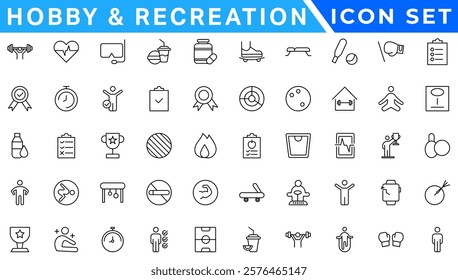 Hobby and recreation linear icons collection. Hobbies for children and adults at home and outdoors. Sports, diving, dancing, reading, drawing, music and singing,