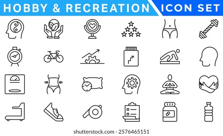 Hobby and recreation linear icons collection. Hobbies for children and adults at home and outdoors. Sports, diving, dancing, reading, drawing, music and singing,