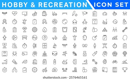 Hobby and recreation linear icons collection. Hobbies for children and adults at home and outdoors. Sports, diving, dancing, reading, drawing, music and singing,