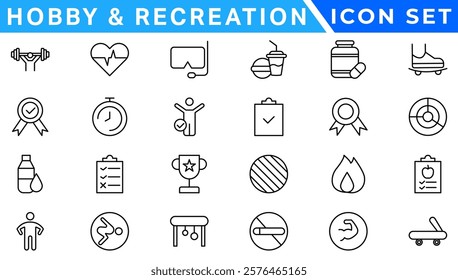 Hobby and recreation linear icons collection. Hobbies for children and adults at home and outdoors. Sports, diving, dancing, reading, drawing, music and singing,