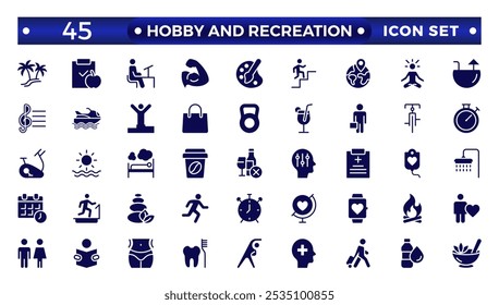Hobby and recreation solid icons collection. Hobbies for children and adults at home and outdoors. Sports, diving, dancing, reading, drawing, music and singing, collecting, chess, astronomy.