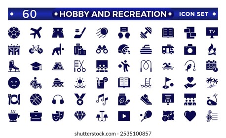 Hobby and recreation solid icons collection. Hobbies for children and adults at home and outdoors. Sports, diving, dancing, reading, drawing, music and singing, collecting, chess, astronomy.