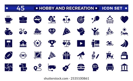 Hobby and recreation solid icons collection. Hobbies for children and adults at home and outdoors. Sports, diving, dancing, reading, drawing, music and singing, collecting, chess, astronomy.